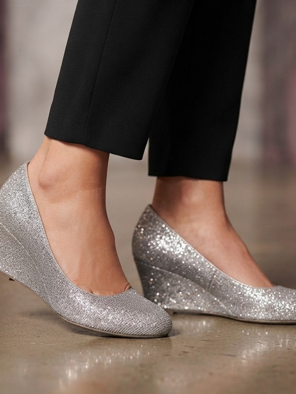 Silver Glitter Wedge Pumps for Women - Sparkle Slip-On